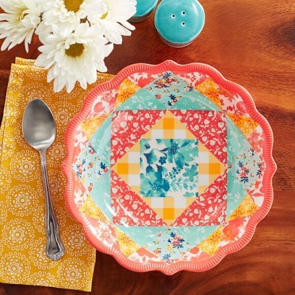 🦋 New Pioneer Woman Patchwork Medley Melamine Dinner Bowl, Coral, Qty of 4 - Picture 5 of 9